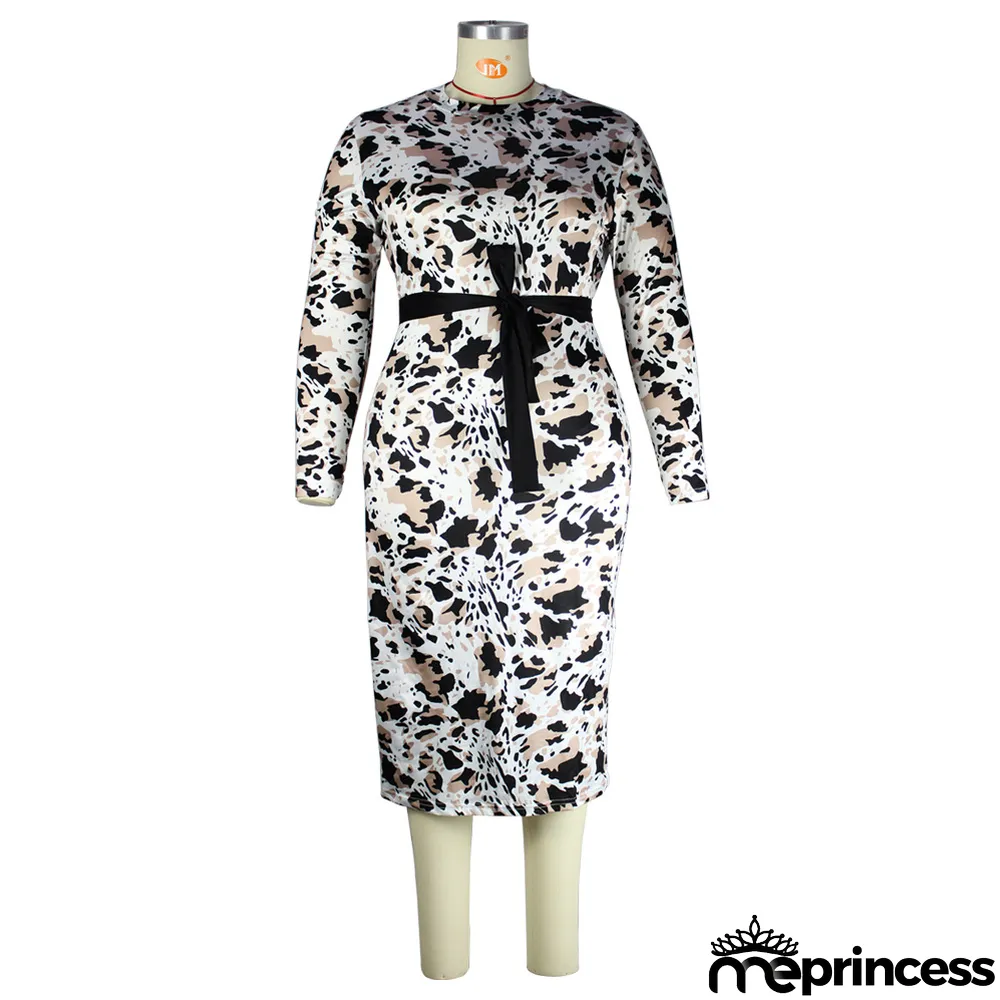 Large Size Printed Slim Slimming Belt Dress