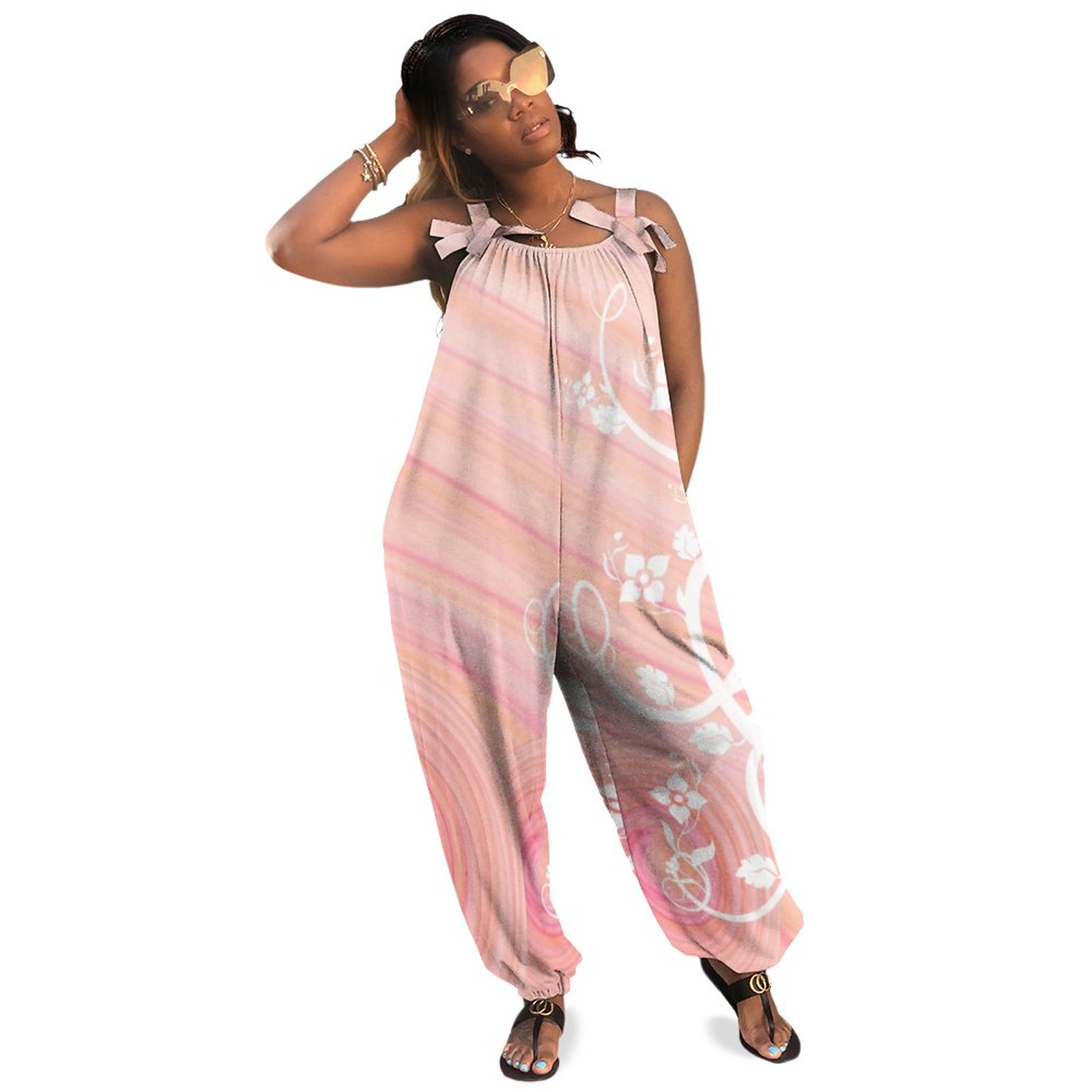 Vines And Flowers Over Peach And Pink Spirals Boho Vintage Loose Overall Corset Jumpsuit Without Top