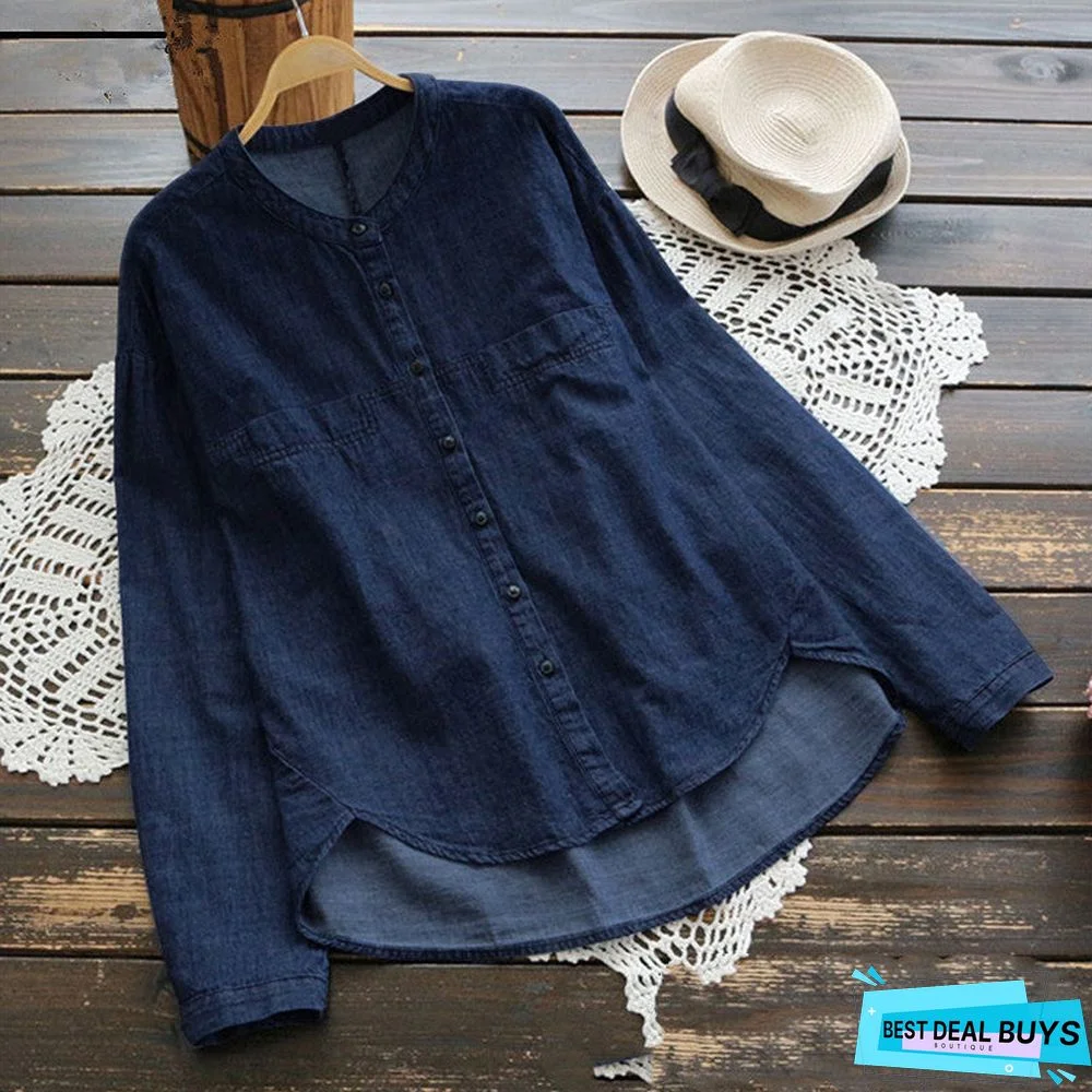 Stand-up collar denim plus size long sleeve women's shirt