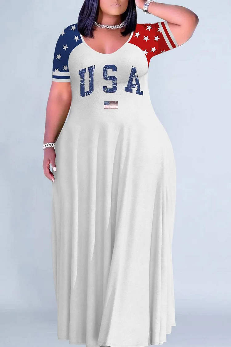 Plus Size Vacation White All Over Print Pocket Casual Maxi Dresses 2024 - Xpluswear