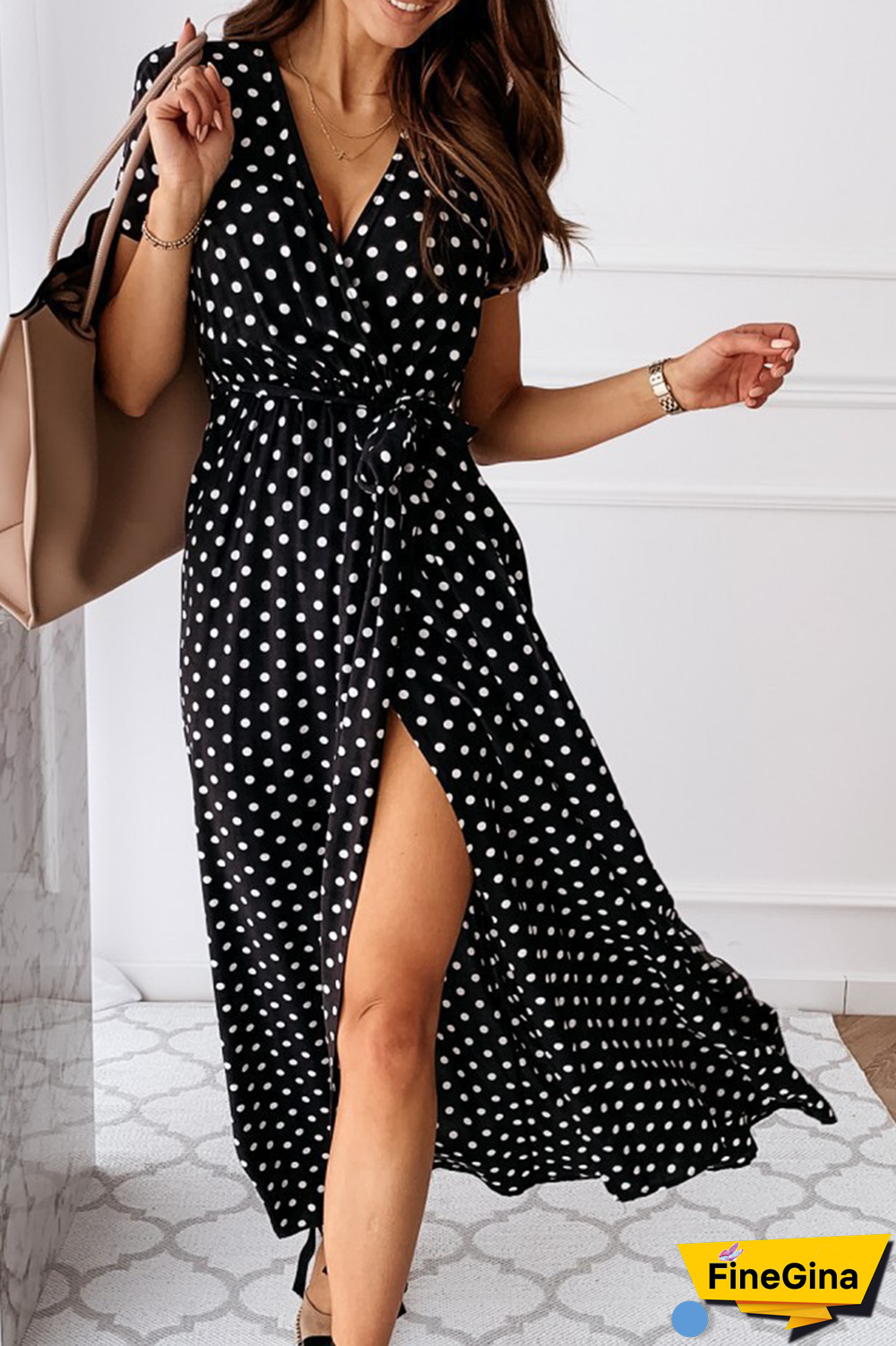 Fashion Elegant Polka Dot Frenulum Slit V Neck A Line Dresses