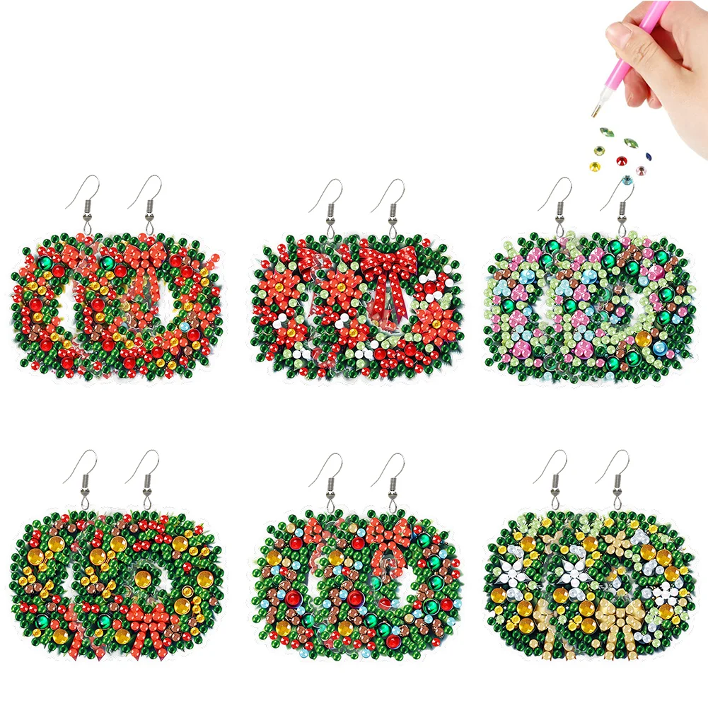 6 Pairs Christmas Wreath Double Sided Diamond Painting Earrings Jewelry