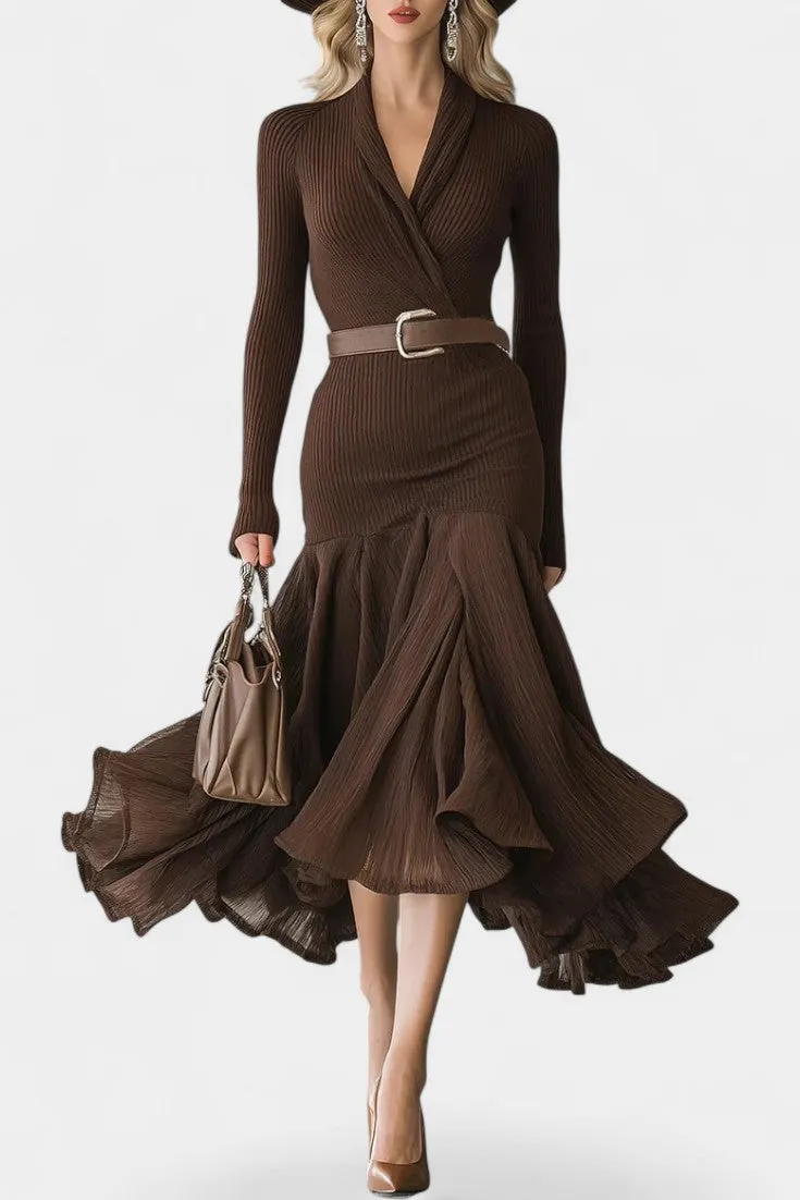 Wrap-Style Long-Sleeve Dress with Tiered Skirt
