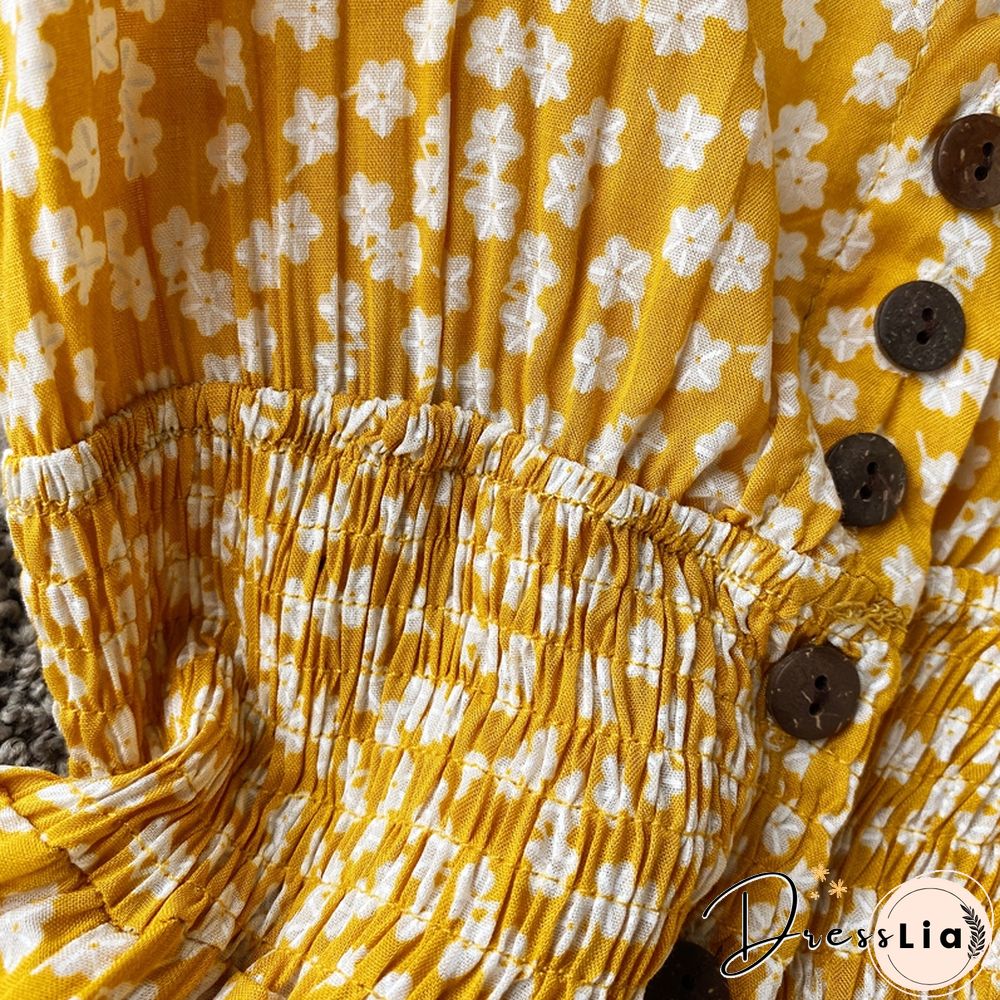 Summer Floral Maxi Dress Women Bohemian Irregular Cotton Backless Ruffle Long Dress Vintage Long Pleated Print Beach Sundress