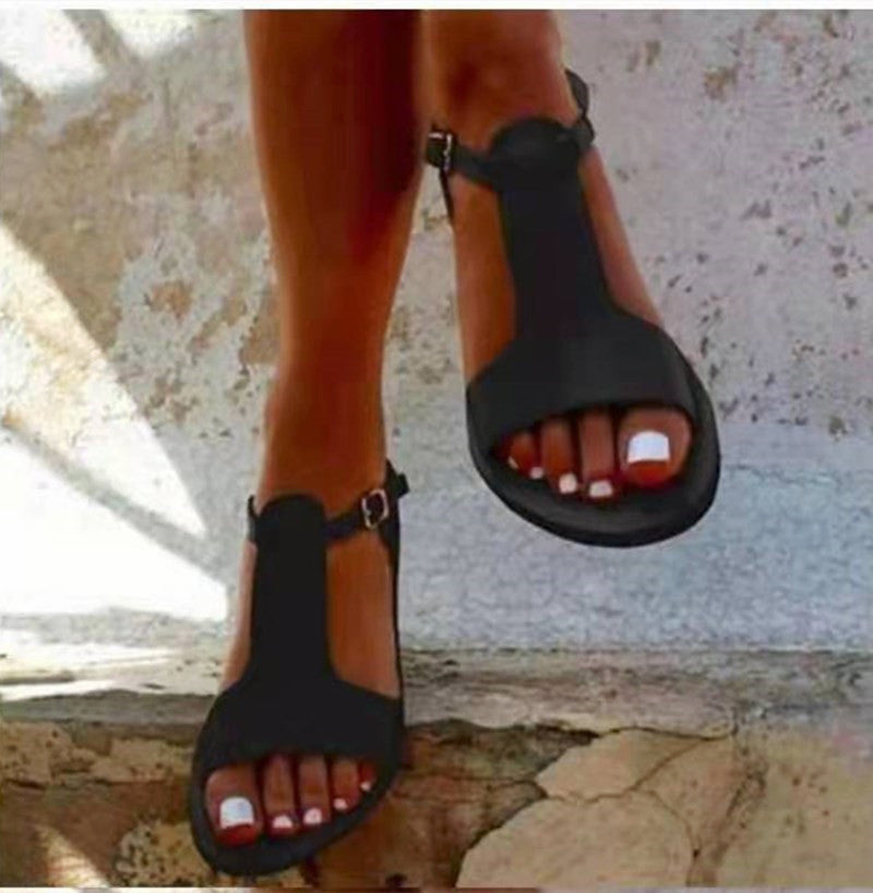 Women's peep toe T-strap gladiator sandals flat buckle strap beach sandals