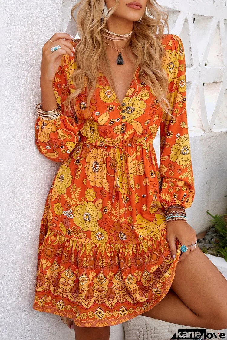 Floral Antique Brass Buttoned Boho Dress