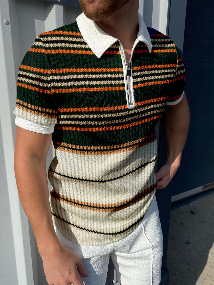 Men's casual retro striped jacquard polo shirt