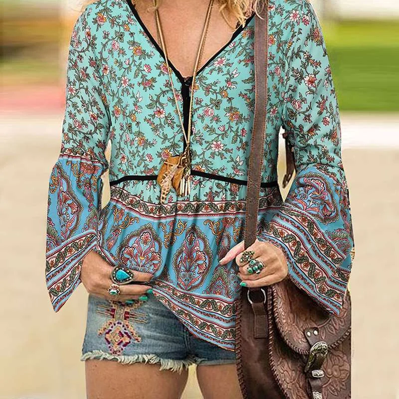 Brownm Bohemian Floral Printed Chemise Fashion Loose Casual Beach Holiday Tops 2022 ZANZEA Autumn Women Full Sleeve Blouse V-Neck Tops