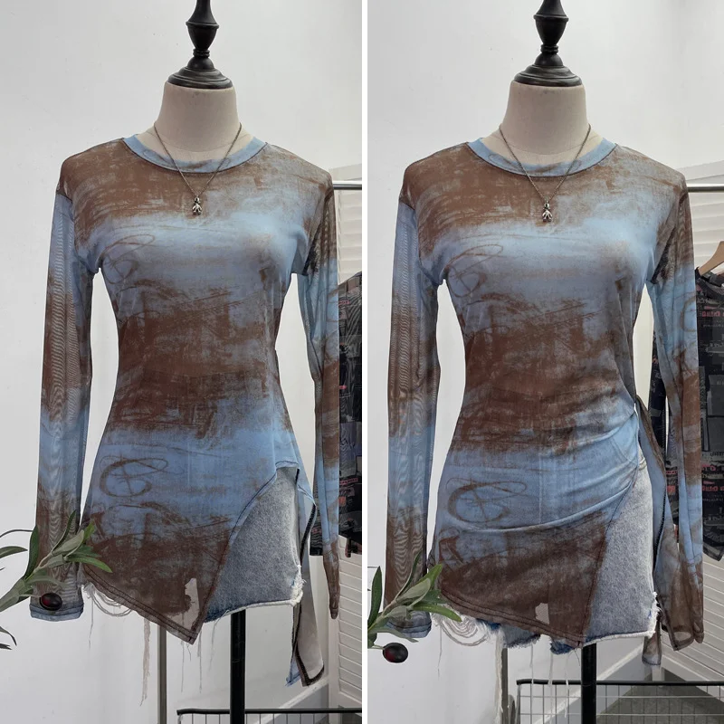 Uveng Vintage Tie-Dye-Print Net Yarn Jersey Long-Sleeved Top Irregularly T-Shirt With Thin Short T-Shirt 1919