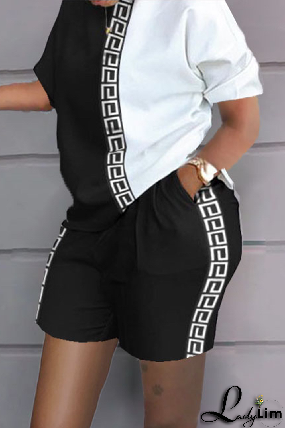 White Yellow Casual Print Patchwork O Neck Short Sleeve Two Pieces