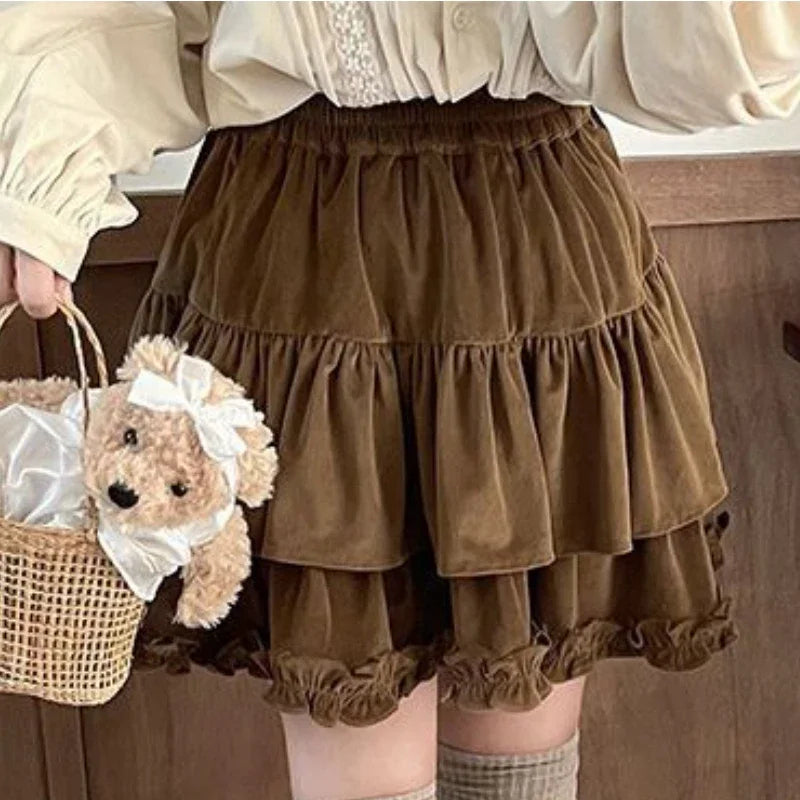 Aiertu 90s Winter Ruffle Brown Kawaii Lolita Pleated Skirt Women Fairy Y2k Mini Skirt Female Korean Fashion Cute Mini Cake Casual Skirt Aiertu