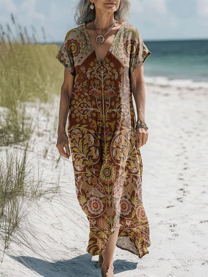 Women's Vintage Flower Art Print Pocket Cotton Dress