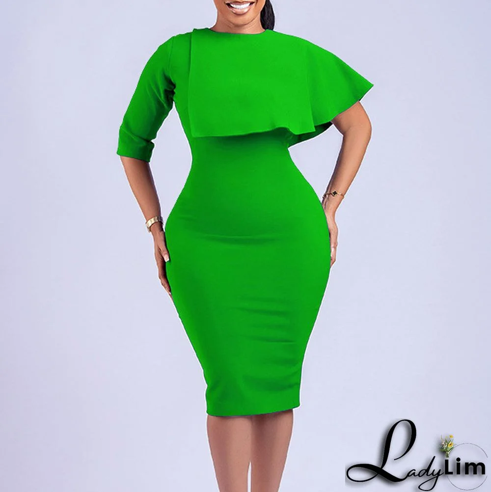 Plus Size Ladies' High Waist Ruffled Chic Bodycon Pencil Dress