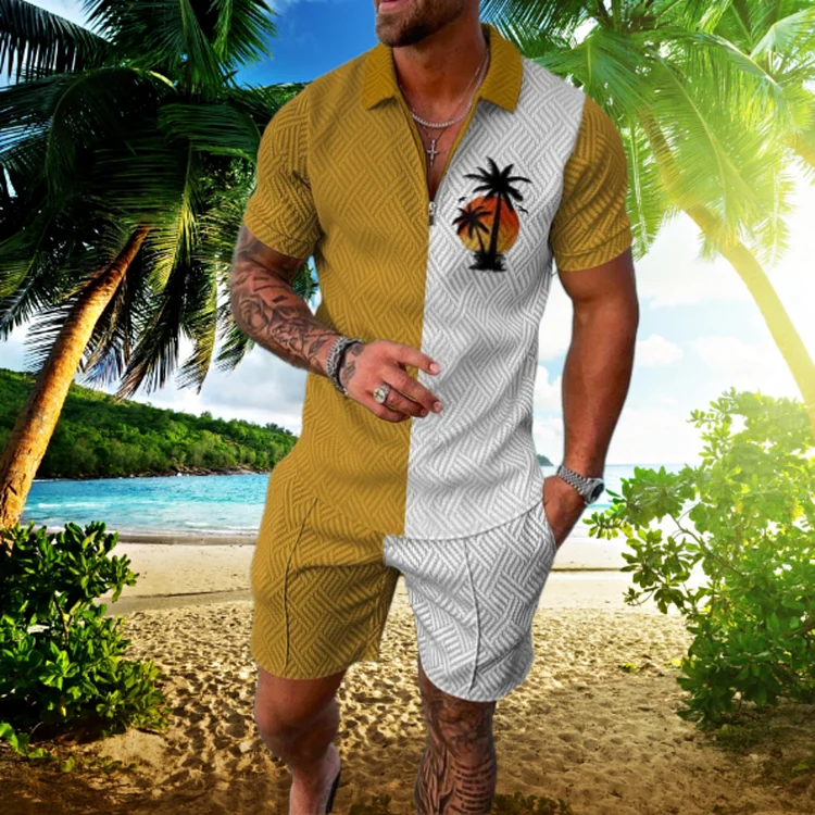 BrosWear Contrasting Color Sunset Coconut Tree Polo Shirt And Shorts Co-Ord