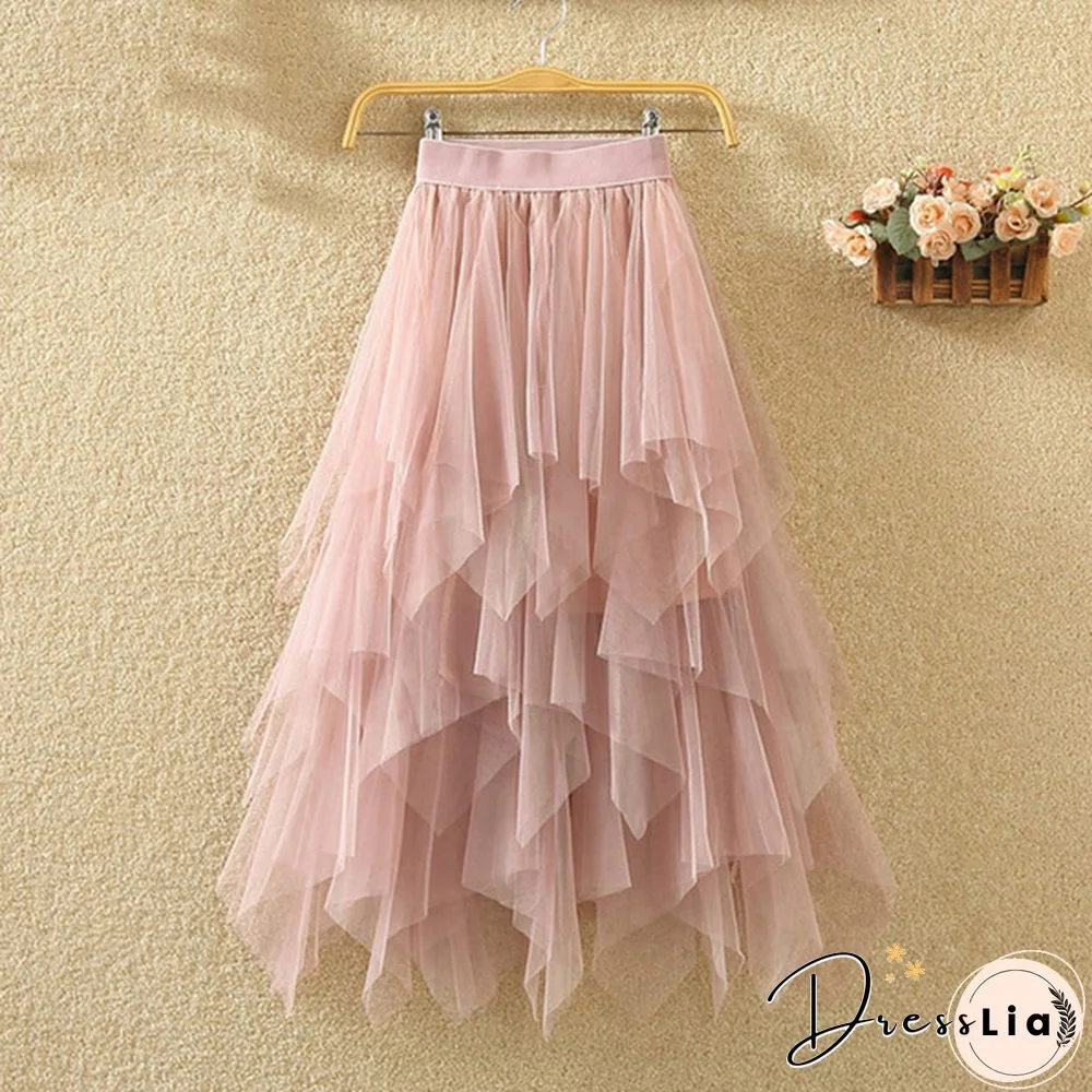 Black Irregular Mesh Gauze Women's Spring And Summer High Waist Wild Was Thin A Word Puff Skirt Skirt Long Skirt