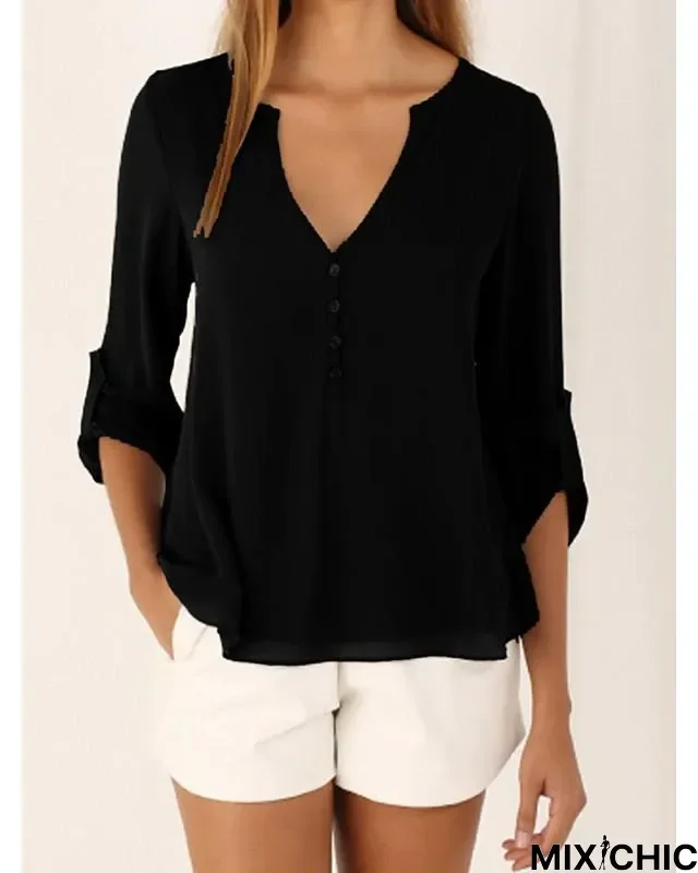 Women's Blouse Shirt Solid Colored Long Sleeve Deep V Tops Casual Basic Top White Black Blue-0204811