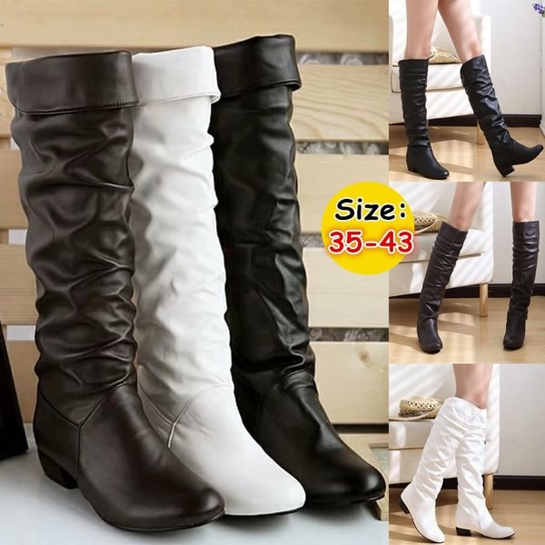 Plus Size 35-43 Autumn Winter Knee High Boots Warm Leather Boots Low Heel Half Boots Knight Boots for Women - Shop Trendy Women's Clothing | LoverChic