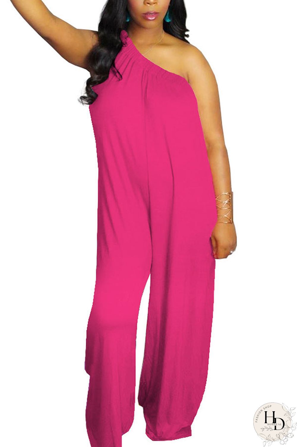 rose red Fashion Sexy Patchwork Solid Polyester Sleeveless one shoulder collar Jumpsuits