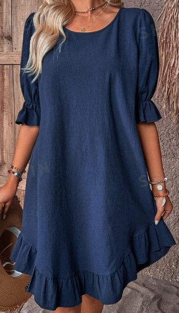 Mature Women Casual Summer Solid Ruffle Hem Flounce Sleeve Dress