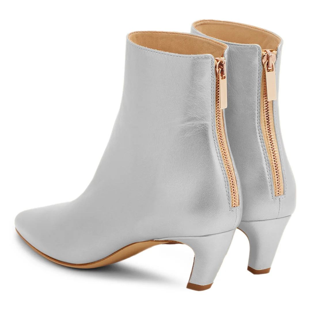 Vegan Leather Pointed Toe Back-Zip Kitten Heel Ankle Boots in Silver