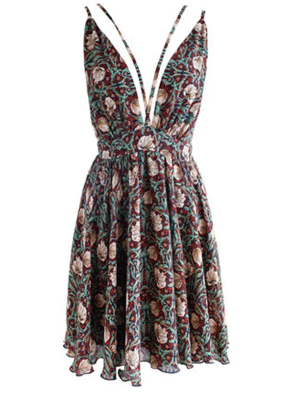 Beach Deep V Floral Printed Backless Sleeveless Short Dress