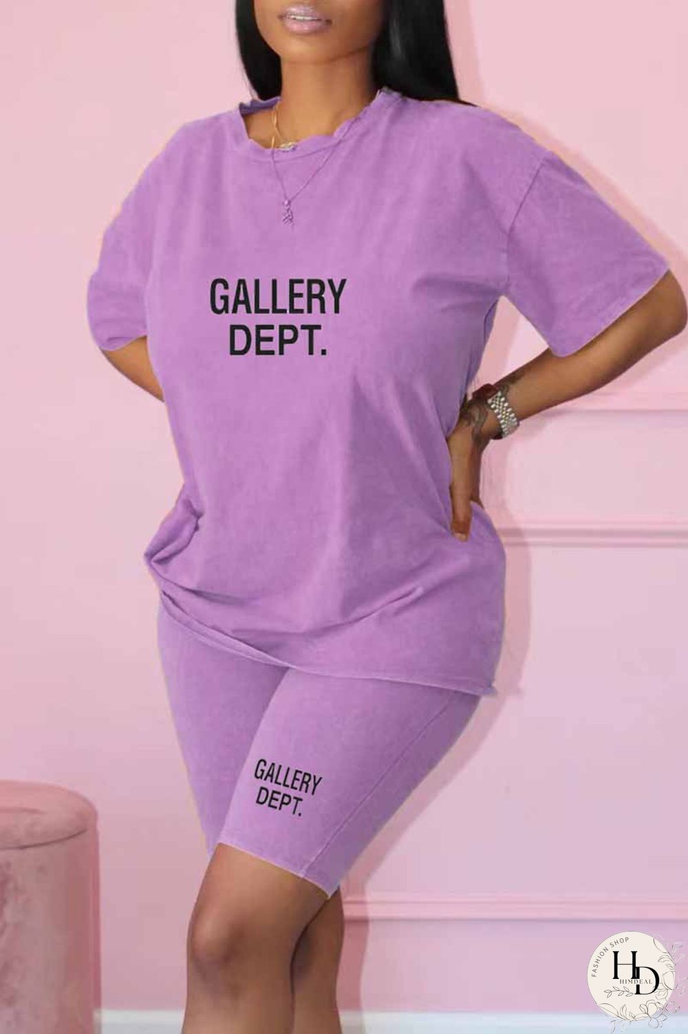 Purple Casual Print Letter O Neck Short Sleeve Two Pieces