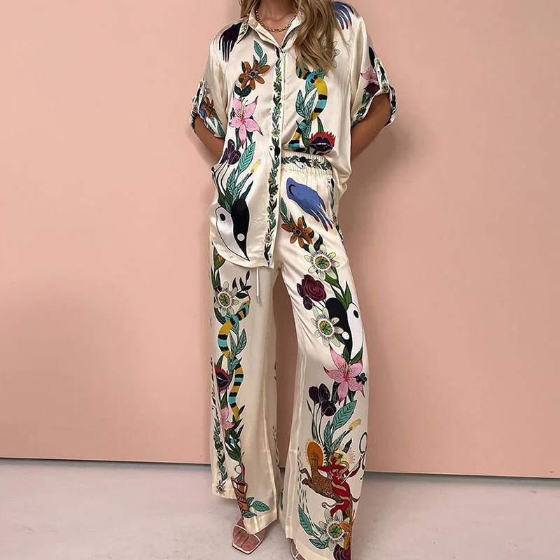 Uveng Uveng 2024 Women's Print Elastic Waist Pocket Wide Leg Pants Casual Fashion Suit Women