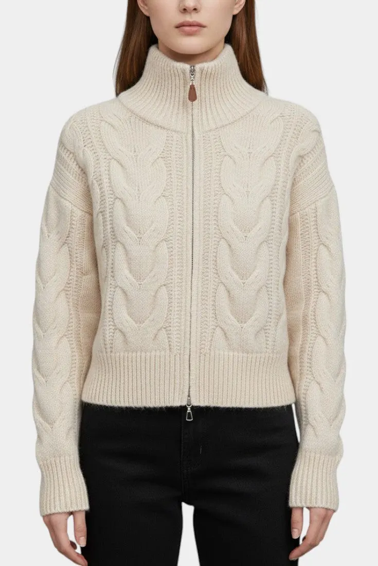 High-Collar Cable-Knit Zip-Up Jacket