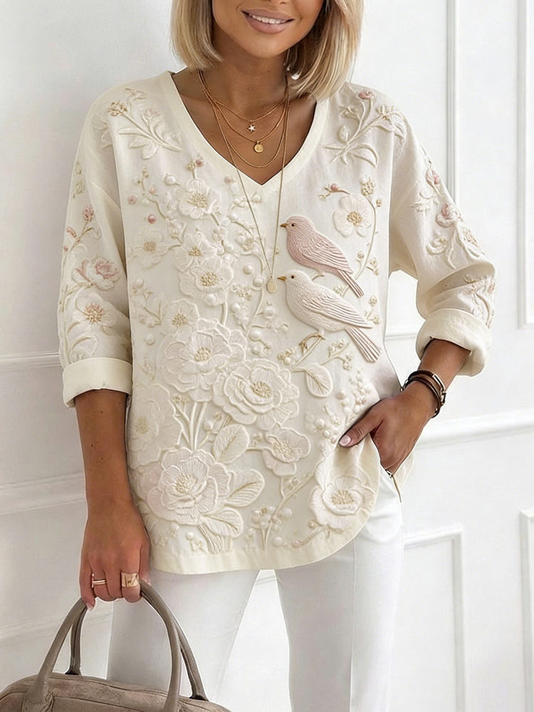 Vintage Birds Floral Art V Neck Linen T Shirt wearshes