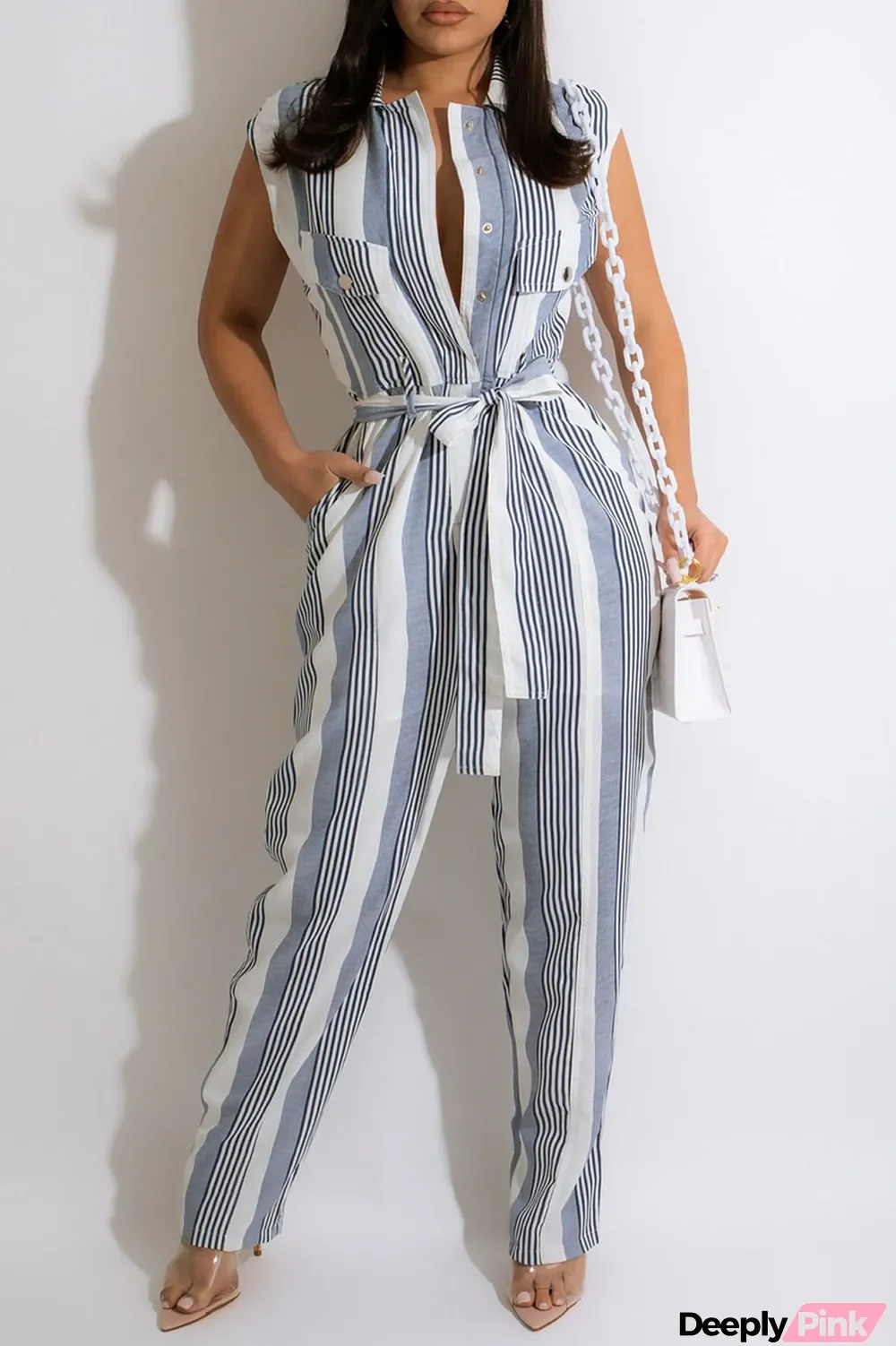 Blue Casual Striped Print Split Joint Buckle With Belt Straight Jumpsuits