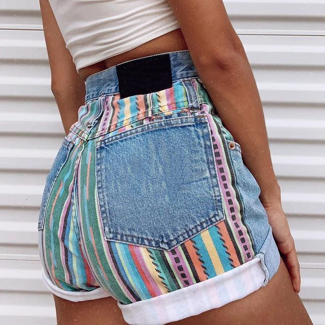 Fashion Color Striped Stitching Denim Shorts