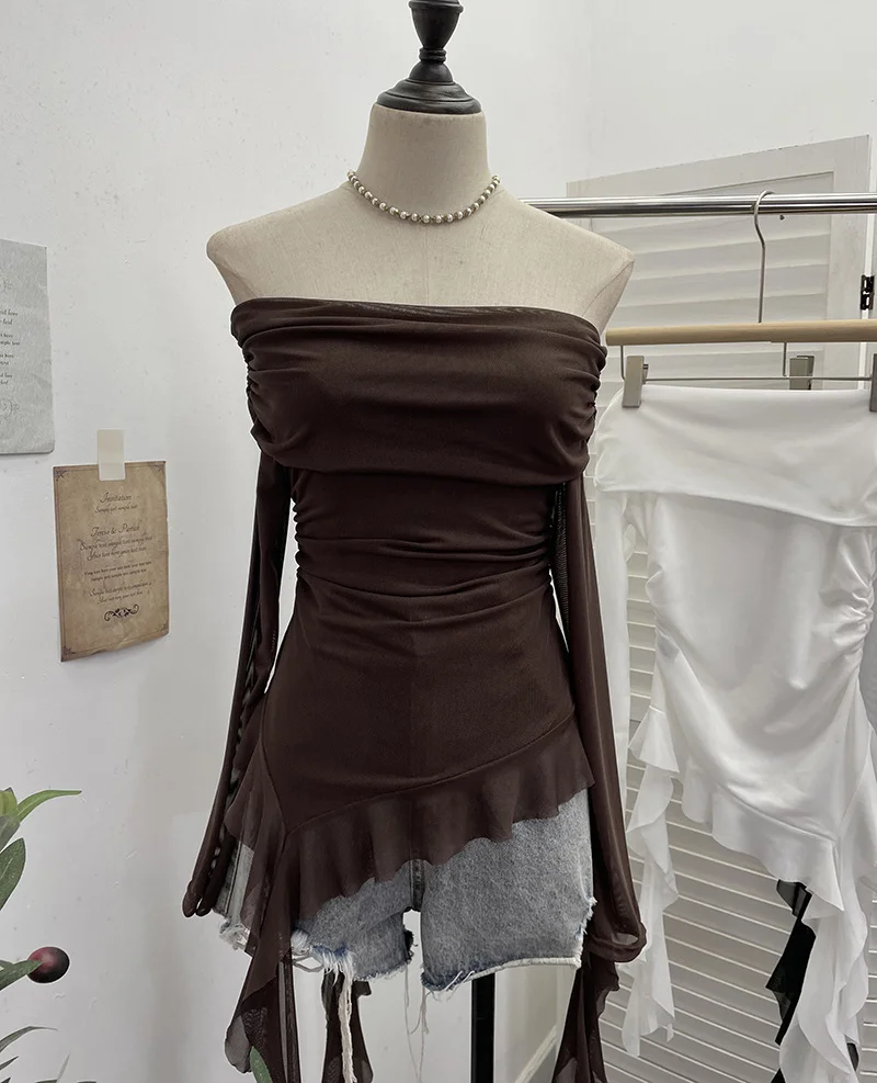 Nigikala Nigikala Shot A Word Shoulder Folded Top Girl Spring And Summer Side-Sleeve Strap Design French Long-Sleeved Mesh T-Shirt 9275