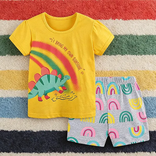 【18M-7Y】Unisex Cartoon Dinosaur Print Crew Neck T-Shirt + Shorts Set