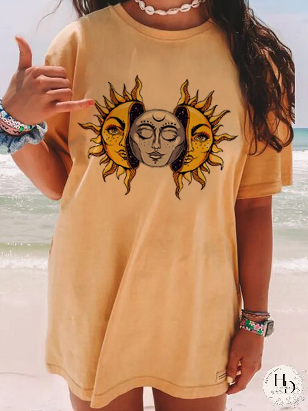 Fashion Casual Printed Short Sleeve Long T-Shirt