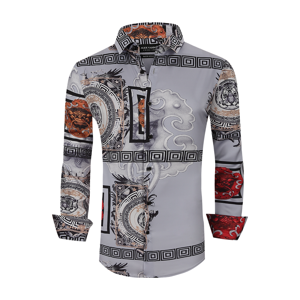 Men's Nightclub Long Printed Shirt Grey Alex Vando Fashion