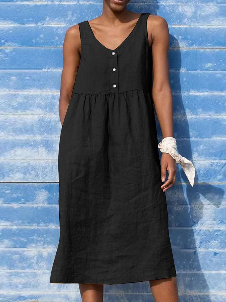 Women's Solid Color Loose Elegant Casual Cotton And Linen Sleeveless Dress