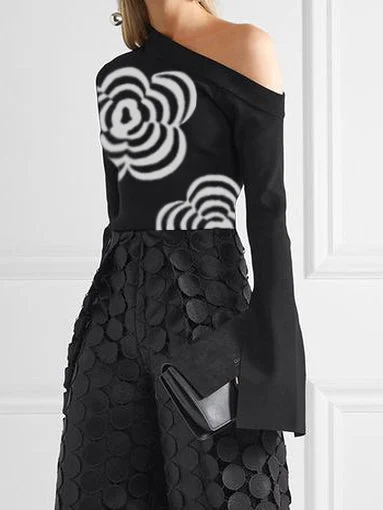 Long Sleeves Loose Flower Print One-Shoulder T-Shirts Tops