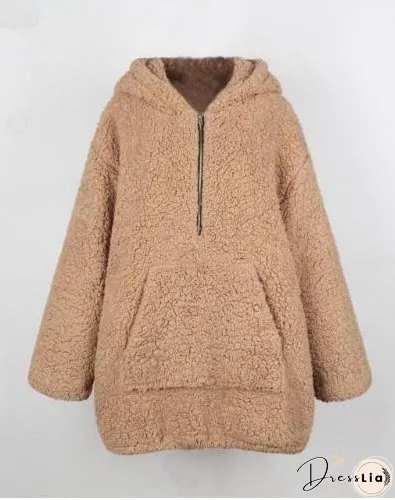 Autumn And Winter Hooded Plush Thick Loose Sweater Coat