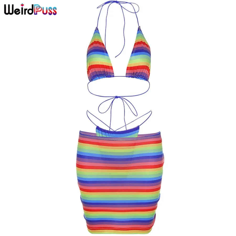 Weird Puss Rainbow Print 2 Piece Set Vacation Outfits Halter Bikini Top+Skirt Stretch Matching Clubwear Summer Trend Skinny Suit