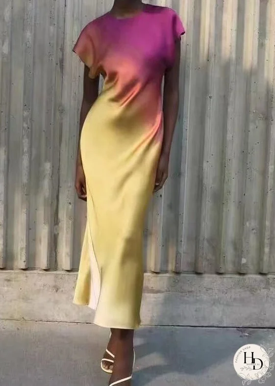 Style Slim Fit Tie Dye Silk Dresses Butterfly Sleeve