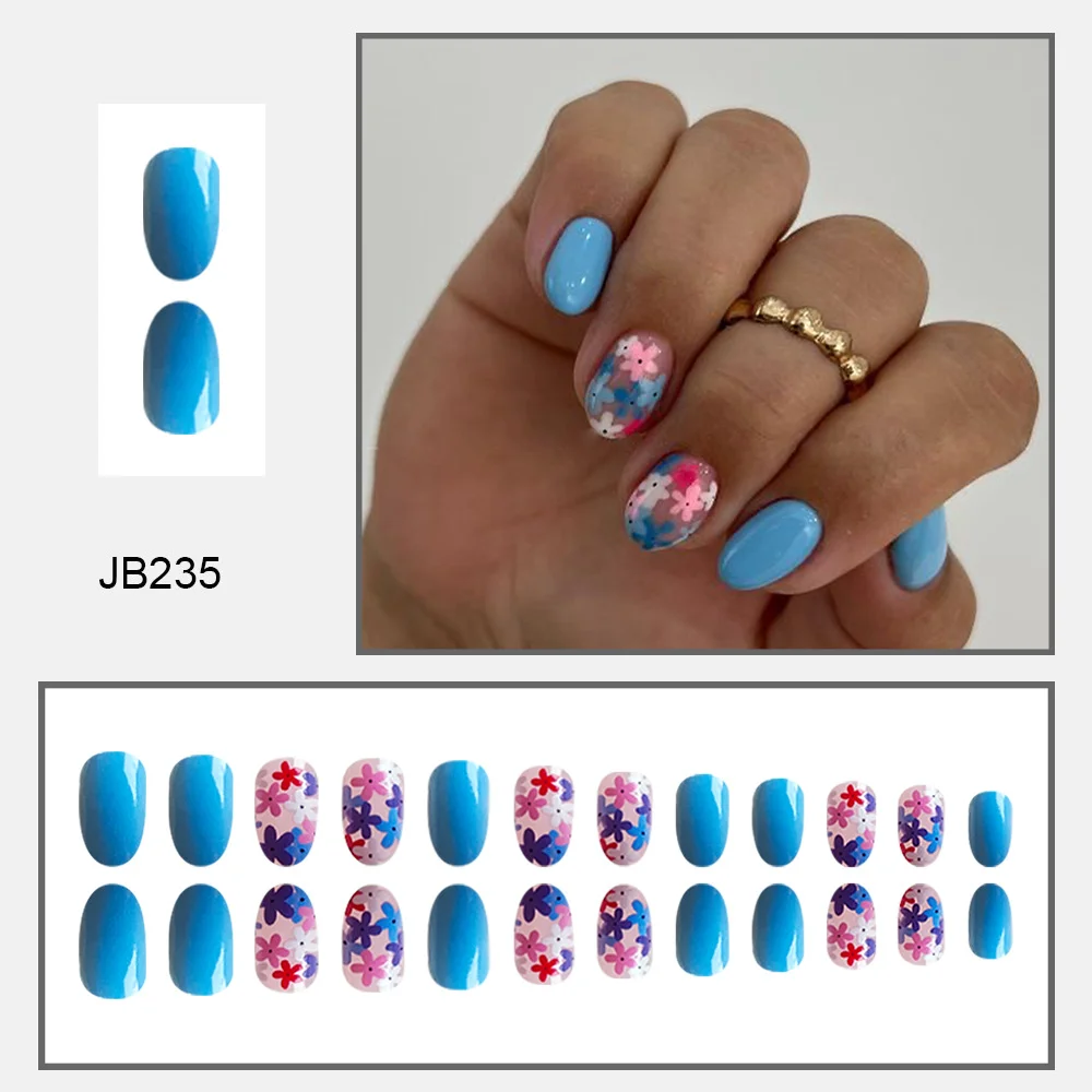 Churchf Churchf Forest Flower Blue Short Elliptical Beauty Nail Film Wearable Removable Fake Nails