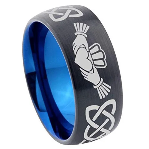 Men or Women Black Ring with Blue Irish Claddagh Tungsten Carbide Embrace Love Heart Wedding Band Rings,Tungsten Black Ring with Blue Inside Celtic Kno with Heart in Hands Ring With Mens And Womens For 4MM 6MM 8MM 10MM