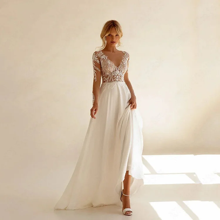 Girlwedding Backless Wedding Dresses See-through Appliques Full Sleeves A-Line Bridal Gowns Chiffon Scoop Neck Boho Bride Dress