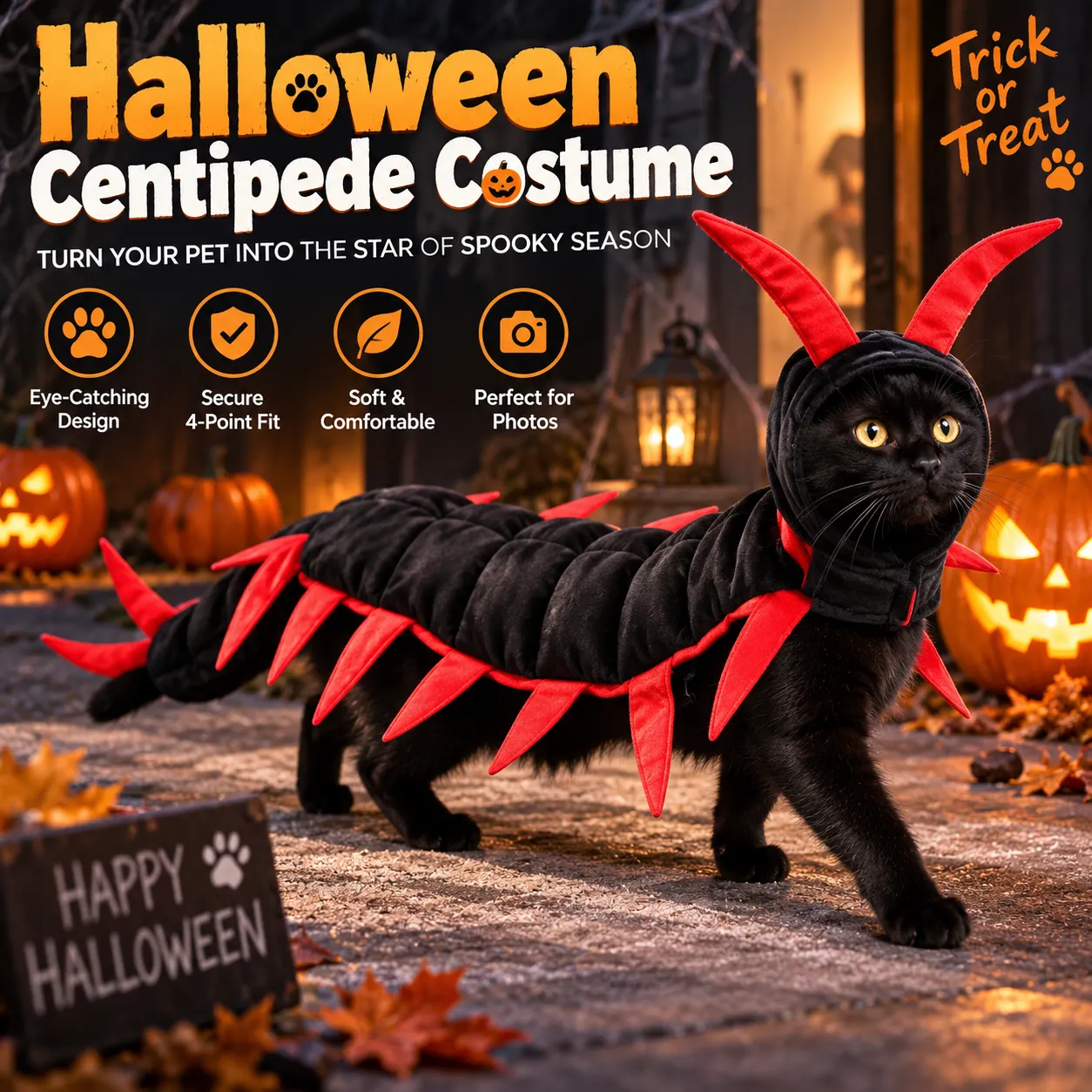 Black cat wearing long Halloween centipede costume