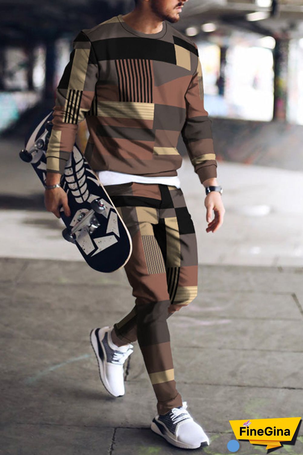 Brown Casual Geometric Patchwork O Neck Long Sleeve Two Pieces