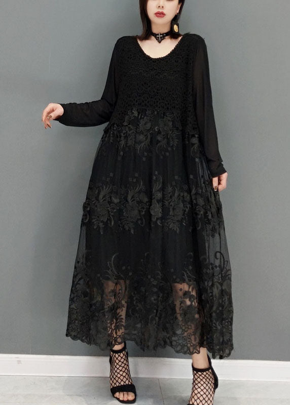 VCSHOES Loose Black O-Neck lace Vacation Dresses Long Sleeve