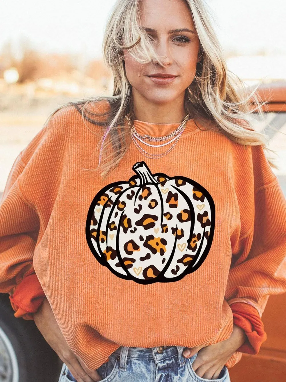 Leopard Pumpkin Orange Corded Graphic Sweater