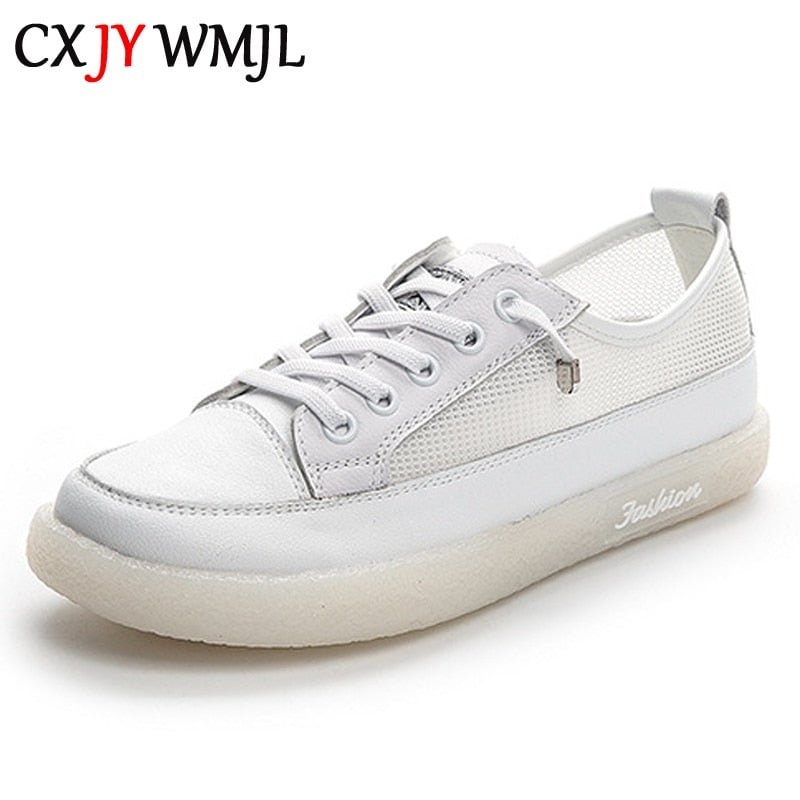 CXJYWMJL Genuine Leather Women's Flat Sneakers Large Size 35-42 Summer Vulcanized Shoes Fashion Cowhide Ladies Casual Shoes