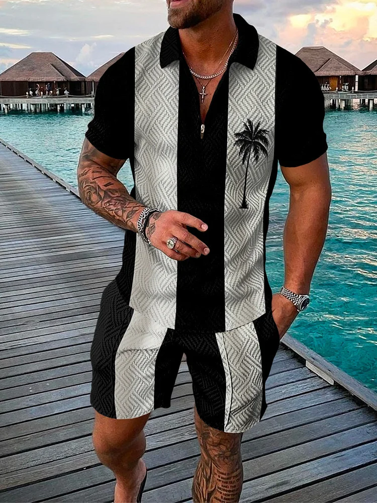 Men's Coconut Tree Printed  Zip Polo Shirt and Shorts Two-Piece Suits