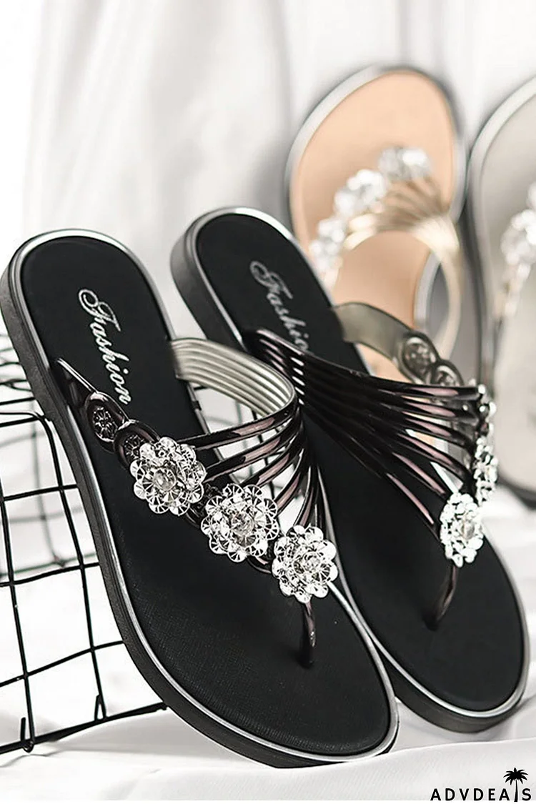 Flower Rhinestone Flip Flop Flat Sandals